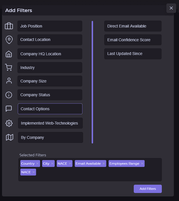 business contact search filters