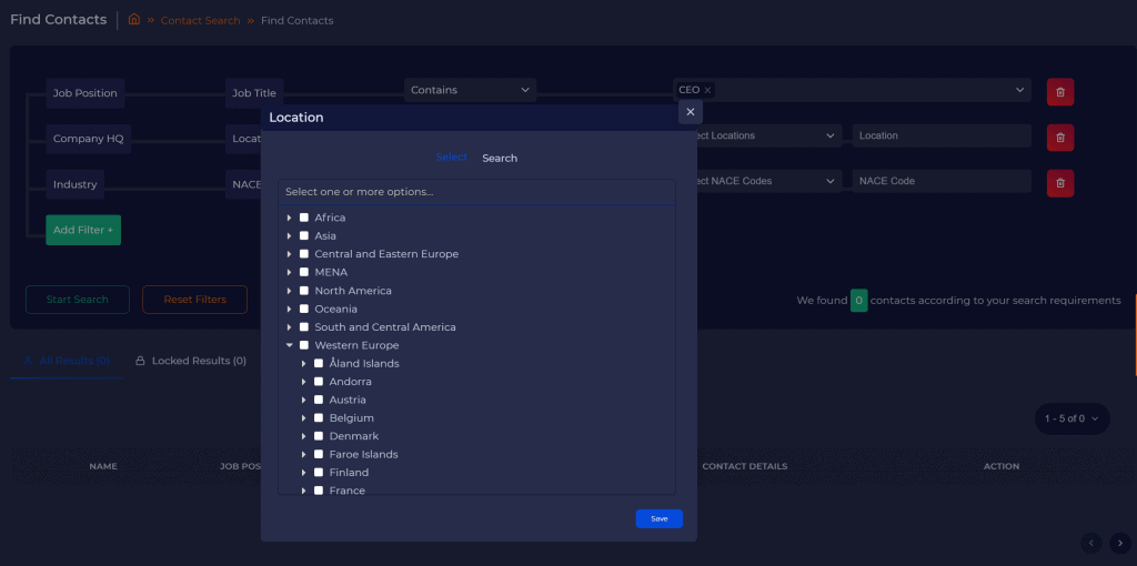 Find Contacts in Location Sales.Rocks