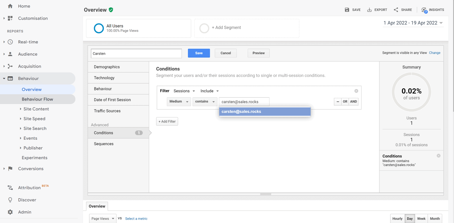 set conditions in google analytics to track link click